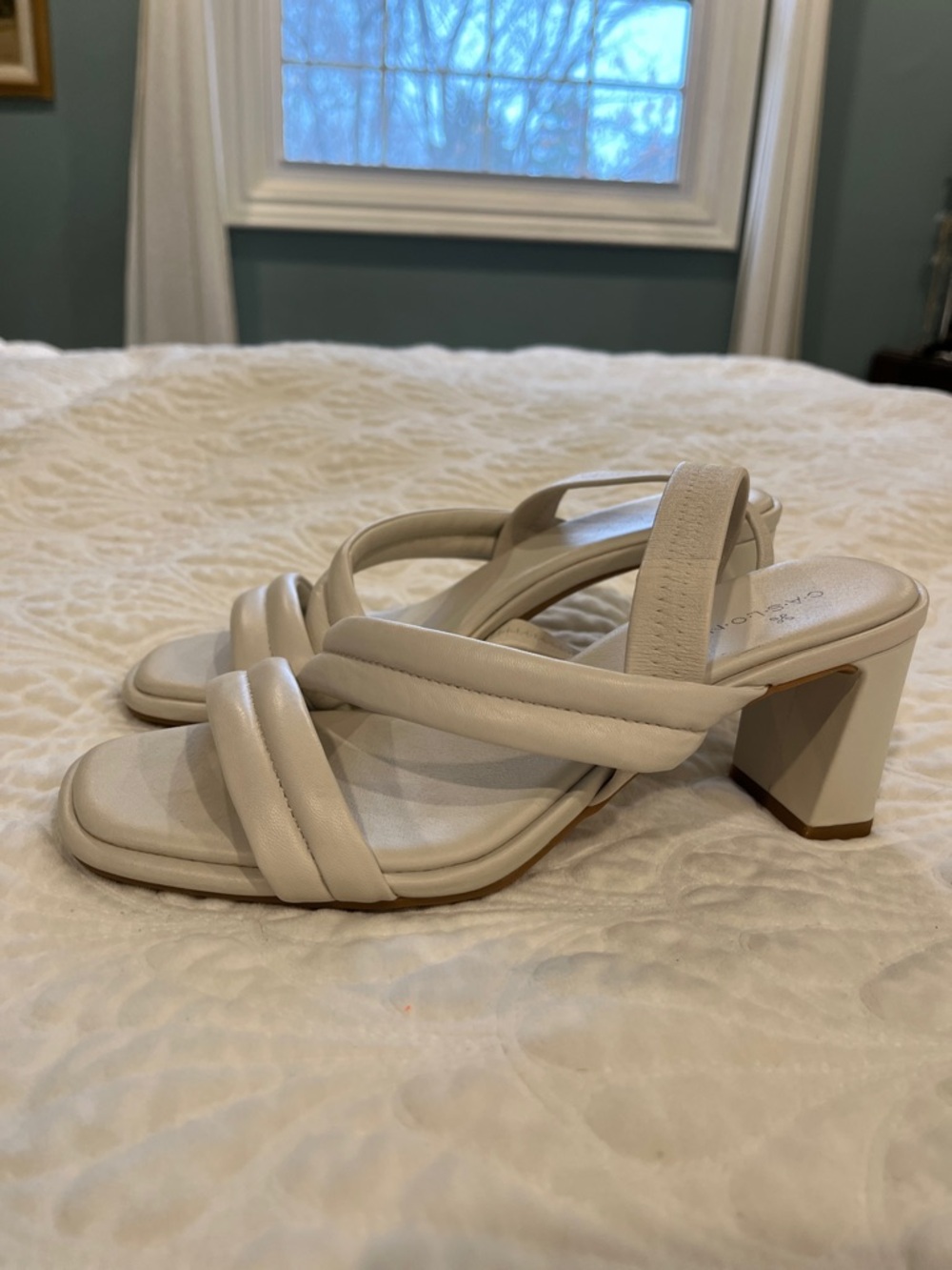 Women's Cream Strappy Block Heel Sandals